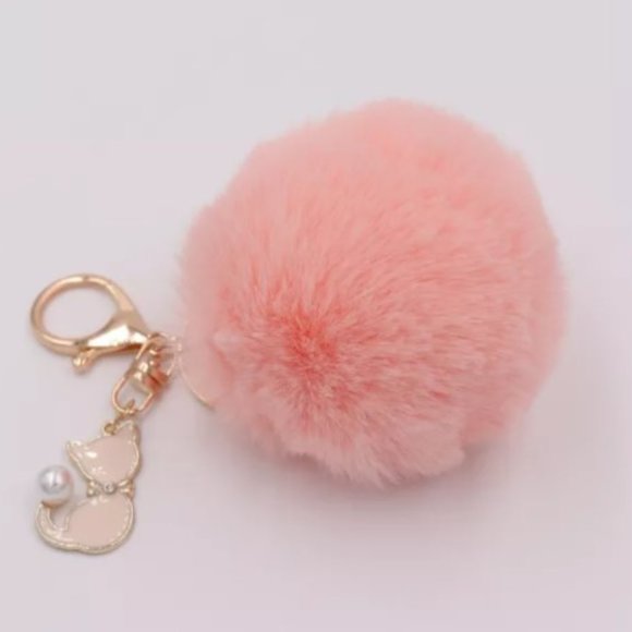 TT-Rabbit Faux Fur Pom Pom Ball Key Chain/Purse Accessory with Cat -Pastel Pink - Picture 2 of 4